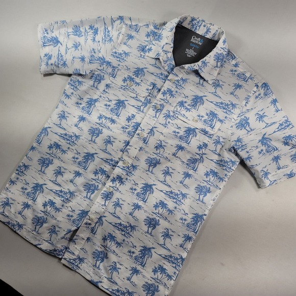 Croft & Barrow Quick Dry Shirt Mens Small Tropical Print White Blue‎ Fish - Picture 4 of 8